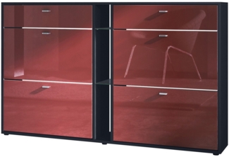 Schuhschrank Schuhkipper Today 155,5 x 95 x 28 cm, Korpus in Schwarz matt, Fronten in Bordeaux Hochglanz