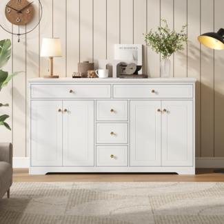 Sideboard, Kommode mit 5 Schubladen, 4 Türen, verstellbaren Einlegeböden, geeignet für Schlafzimmer und Wohnzimmer, MDF, Weiß, 150×40×85 cm
