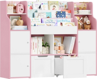Homfa Kinderregal Spielzeugtruhe mit 2 Schubladen auf Rollen Bücherregal, Kinderbücherregal Spiegelregal mit Tür 126x104x30 cm weiß