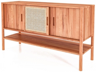 Kommode Zola Kernbuche massiv und Rattan 142x81 cm mit 3 Schiebetüren