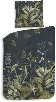 Heckett & Lane Mako-Satin Bettwäsche 155x220 Holly Navy blue Farn Blumen Gräser