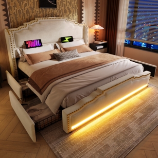 Merax Polsterbett 140×200, Doppelbett mit 4 Schubladen, LED-Beleuchtung und USB-C-Ladeanschluss, Stauraumbett und Jugendbett mit Lattenrost, Samt, Beige, ohne Matratze