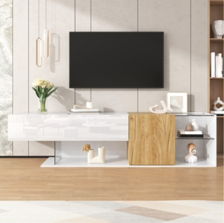 KLAM HOME Lowboard TV-Kommode Hochglanzweiß: Mit Holzoptik & Glasregalen (180cm TV-Schrank: Minimalistisch & hochwertig), Moderne Aufbewahrung: Elegant & funktional