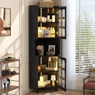 Flieks Badkommode Eckschrank mit LED-Beleuchtung und Glastüren (1 St, 63,5x45x157,5 cm), Hochschrank Mehrzweckschrank Eckkommode mit 5 Fächern Schwarz