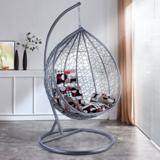 Luxus Hängesessel Miami XL Rattan Korb Grau Gestell silber Kissen Modern Style