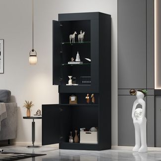 Merax Vitrine Hochglanz Standvitrine Vitrinenschrank mit LED-Beleuchtung (1-St, 50L x 40W x 180H CM) Wohnzimmerschrank mit Glasböden, 2 Türen & offenem Mittelbereich