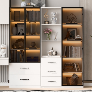 Merax LED-Vitrine 160 cm – Bücherregal und Multifunktionsschrank mit Glas- und offenen Fächern, sanft schließenden Scharnieren, mehrfarbiger LED-Beleuchtung, staubdichter Glasvitrine, Bücherregal