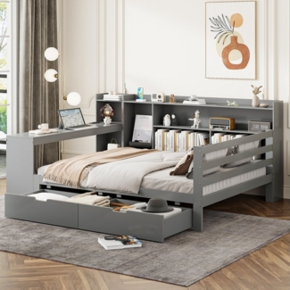 Flieks Massivholzbett, Daybett Kinderbett 140x200cm mit Schreibtisch Steckdose 2 Schubladen