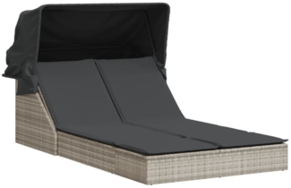 vidaXL Doppel-Sonnenliege mit Dach und Auflagen Hellgrau Poly Rattan 368642