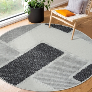 Teppich Rund - 160x160cm - Grau Anthrazit - Boho Style - Geometrische Muster - Flachflor Wohnteppich Schlafzimmer Deko