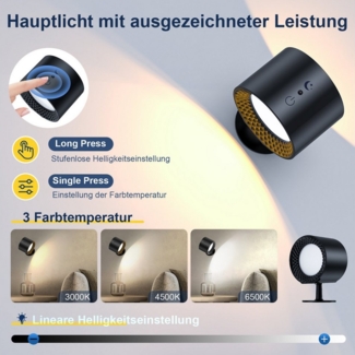 skelo LED Wandleuchte Wandleuchte innen schwenkbar, mit Fernbedienung, 12 x 8 x 6 cm, Schwarz, Leselampe, LED fest integriert, wandlampe, Kaltweiß, Warmweiß, Natürliches Licht, Kabellose Spotlight Aufladbar, LED mit Timing Funktion (0,5/1/2H)