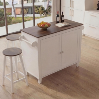 Kücheninsel HWC-P61 mit 2 Sitzhockern, Küchenschrank Schublade Staufächer MDF 90 x 120 x 45 cm ~ weiß, dunkles Holz