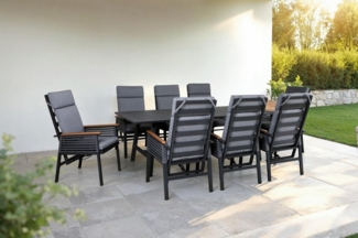 KONIFERA Garten-Essgruppe Edessa Komfort, (Set, 17-tlg, 8x Stuhl mit Rückenverstellung, 1x Tisch 220x97x74 cm, inkl. Auflagen), Tischplatte aus Alu-Lamellen,Armlehne mit Seilgeflecht&Noonwood-Latten