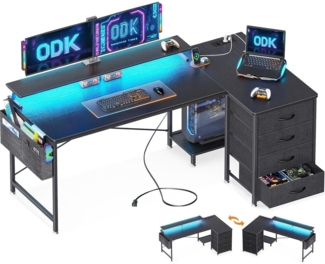 Gaming Schreibtisch L Form LED Monitorständer USB Ladeanschluss Schwarz