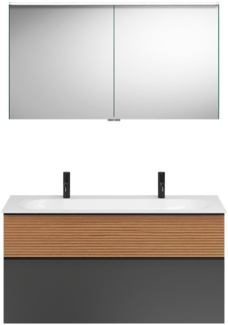 Burgbad FIUMO Waschtisch Set mit Spiegelschrank 122 cm breit, Braun/Anthrazit, Doppelwaschbecken Gussmarmor Weiß