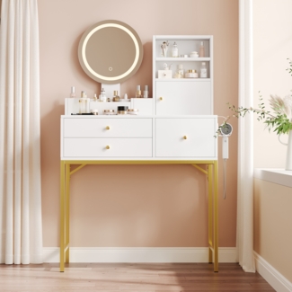 Moderner Schminktisch mit LED Beleuchtung und integrierter Steckdosenleiste Kosmetiktisch mit USB C Anschluss Föhnhalter weiß MDF Beauty Tisch mit Spiegel 3 Farbmodi Geschenkidee für Muttertag Weihnachten, 134cmx40cmx80cm, Weiß