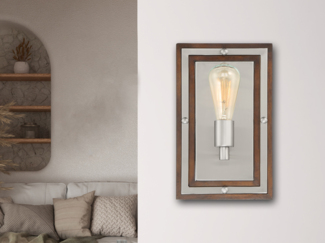 Rustikale LED Wandleuchte aus Holz und Metall, Höhe 32cm