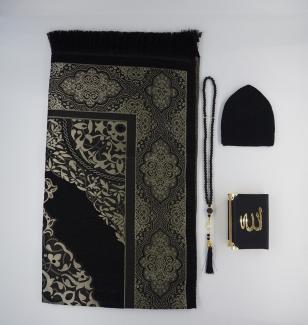 Lale Collection® Orientteppich Gebetsteppich schwarz weiß gold + Koran + tasbih Islam Muslim Allah, Seccade, Teppich