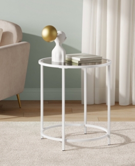 Vasagle Beistelltisch rund, kleiner Couchtisch, Glastisch, mit Oberfläche aus Hartglas und Metallgestell, Nachttisch, Sofatisch, Balkon, perlweiß-schiefergrau von Songmics