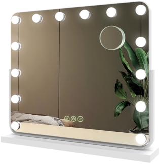 EMKE Kosmetikspiegel Hollywood Spiegel mit Beleuchtung 360 ° Drehbar Tischspiegel 3 Farbe Licht,11 Dimmbaren LED-Leuchtmitteln,Speicherfunktion,7 x Vergrößerungsspiegel,Weiß,50 x 42 cm