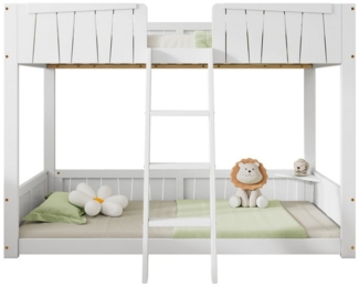 Flieks Etagenbett, Massivholz Kinderbett 90x200 cm mit dreistufiger Leiter und Geländer