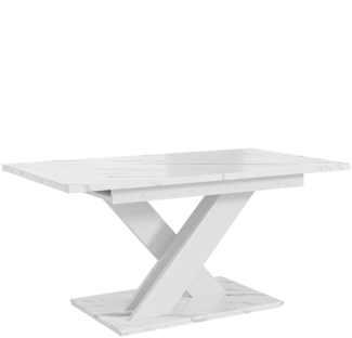 MEBLINI Esstisch Ausziehbar - 140-180x80x75cm - BRONX - Weiß Marmor/Weiß Matt - Esszimmertisch Modern - Küchentisch - Säulentisch - Ausziehtisch - Dining Table
