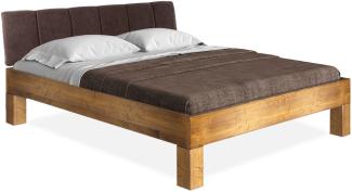 Möbel-Eins CURBY 4-Fuß-Bett mit Polster-Kopfteil, Material Massivholz, rustikale Altholzoptik, Fichte vintage 120 x 220 cm Standardhöhe Stoff Braun mit Steppung