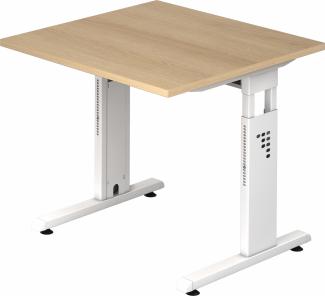 bümö höhenverstellbarer Schreibtisch O-Serie 80x80 cm in Eiche, Gestell in weiß - PC Tisch klein für's Büro manuell höhenverstellbar, Computertisch verstellbar, OS-08-E-W