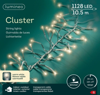Lumineo LED-Lichterkette Lumineo Lichterkette CLUSTER 1128 LED 10,5 m warm weiß, transp. Kabel, Indoor/Outdoor, dimmbar, 8h-Timer, + 5 m Zuleitung
