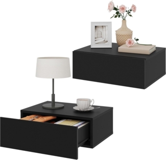 Woltu Nachttisch (2-St), hängend mit Schublade, Wandregal Schwarz für Schlafzimmer Wohnzimmer