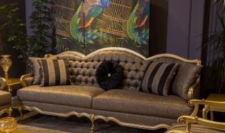 Casa Padrino Luxus Barock Sofa Grau / Gold 243x78 x H. 105 cm - Edles Wohnzimmer Sofa mit dekorativen Kissen