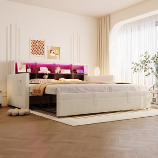 Polsterbett Schlafsofa, Kopfteil mit integrierten Staufächern LED-Lichtleiste Ladesteckdosen ausziehbares Bett, Samtpolsterung, Beige, 90 x 190 cm