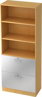 bümö office Aktenschrank mit Hängeregister-Schubladen abschließbar, Büroschrank Holz, 80cm breit in Buche/Silber - Hängeregistratur für Hängeordner, Büro Schrank mit Relinggriffen, 7300-6-S-RE