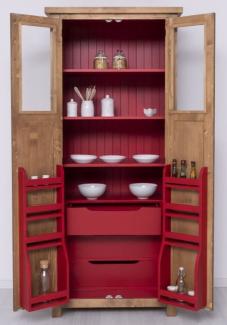 Casa Padrino Landhausstil Esszimmerschrank Naturfarben / Rot 96 x 65 x H. 220 cm - Massivholz Küchenschrank mit 2 Türen - Esszimmer Möbel im Landhausstil - Landhausstil Esszimmer Einrichtung