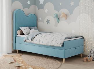 Kinderbett FLOW, Boxspringbett für Kinder, mit hohem Kopfteil, Einzelbett mit Matratze - 90x160 - Blau Velours - Topper Visco