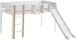 Merax Hochbett Kinderbett 90x200cm mit abnehmbarem Regal, Leiter und Rutsche, weiß