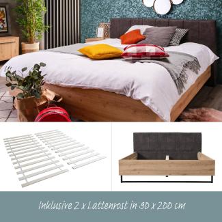 Doppelbett Holzbett Polsterbett 180x200 cm Bett Lattenrost Eiche Stoff Grau Industrial Style