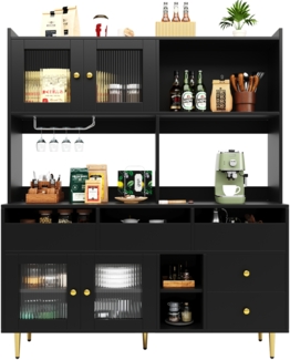 Merax Restaurant-Hochschrank Küchenschrank (145 x 39 x 171 cm), mit Changhong-Glastür, Weinglasregal, mehrschichtiger Stauraum, ruhiges Schwarz mit Golddekoration, geeignet für Restaurants