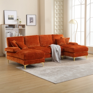 Modernes U-förmiges Chenille-Sofa mit ergonomischem Design und goldenen Metallfüßen in Orange