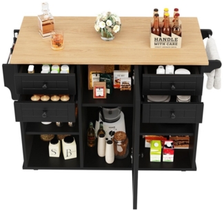 HAUSS SPOLE Küchenwagen 127×46×91,5cm mit Stauraum und herausnehmbaren Trennwänden, schwarz, (Moderne Kücheninsel mit Holzmaserung, multifunktionalem Stauraum, 360°-Schwenkrädern und praktischen Trennwänden, ideal für kleine Wohnungen und Küchen – Essw...