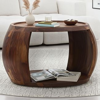 FineBuy Couchtisch Sheesham Massivholz rund 60cm · Wohnzimmertisch mit Ablagefach · Handgefertigter Sofatisch aus Echtholz im natürlichen Landhaus Design