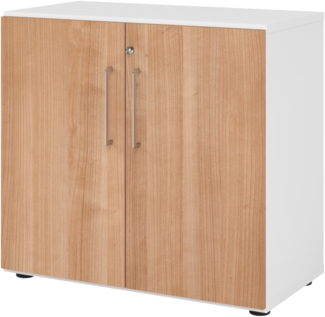 bümö Aktenschrank abschließbar, Büroschrank Holz 80cm breit in Weiß/Nussbaum - abschließbarer Schrank mit Aktenregal für's Büro & Arbeitszimmer, Büro Möbel Ordnerschrank mit Schloss, 928T2-W-N-BS