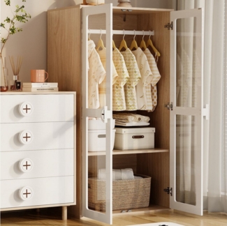 MODFU Kleiderschrank mit Glas-Türen, Umfallschut (Flurschrank, 1-St, 80×50×150 cm, Keksform-Holzgriffen) mit Kleiderstange,verschiebbaren Regalen