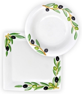 Lashuma Kombiservice Olive (2-tlg), Keramik, Suppenteller Ø 26 cm und Servierplatte 27x27 cm