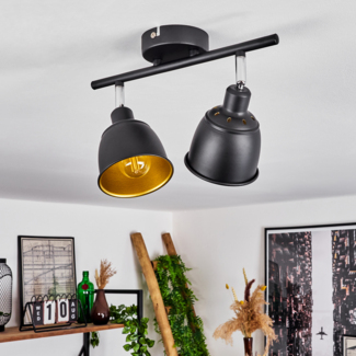 »Manzinello« moderne Deckenlampe aus Metall in Schwarz/Goldfarben m. verstellbaren Strahlern, Leuchte im Retro/Vintage-Design mit Lichteffekt, 2-flammig, 2 x E14 max. 40 Watt, LED geeignet
