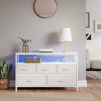SONGMICS Kommode mit LED-Beleuchtung, Sideboard, Schubladenschrank für Wohnzimmer, mit Ladestation, 5 Schubladen, weiß