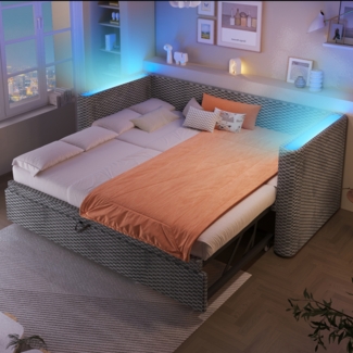 Merax Einzelbett 90 × 200 cm/180 × 200 cm, Polsterbett, Tagesbett, Daybett, Schlafsofa, multifunktionales Ausziehbett-Design mit LED-Lichtleiste, Samt, Grau