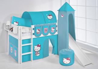 Lilokids 'Jelle' Spielbett 90 x 200 cm, Hello Kitty Türkis, Kiefer massiv, mit Turm, Rutsche und Vorhang