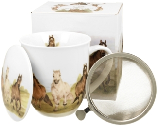 DUO World of Animals PFERDE (Horses at Gallop) 400 ml Becher mit Teesieb New Bone China Porzellan