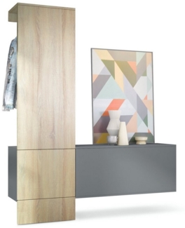 Garderobe Carlton Set 4, Wandgarderobe aus Deko-Paneel & Hängeschrank für Schuhe, Anthrazit matt/Eiche sägerau (156,5 x 193 x 35 cm)